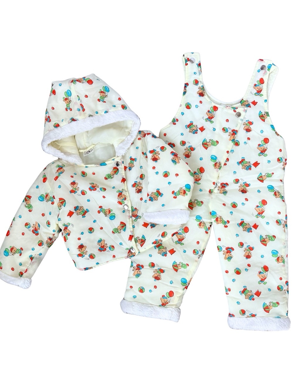 Vintage Baby Snowsuit Set 12M Hooded Jacket Overalls Teddy Bear Balloons Print